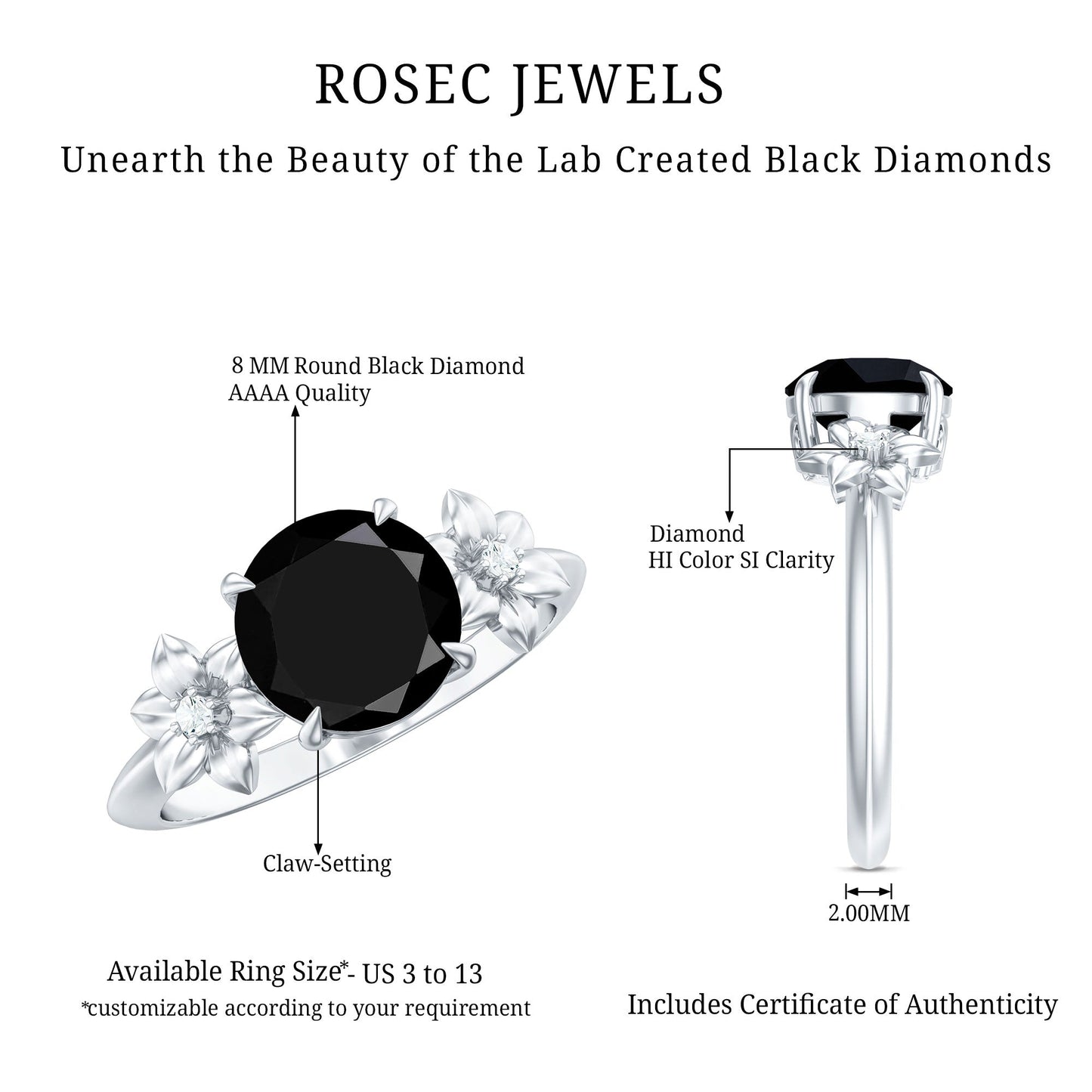 2 Carat Lab Grown Black and White Diamond Flower Engagement Ring