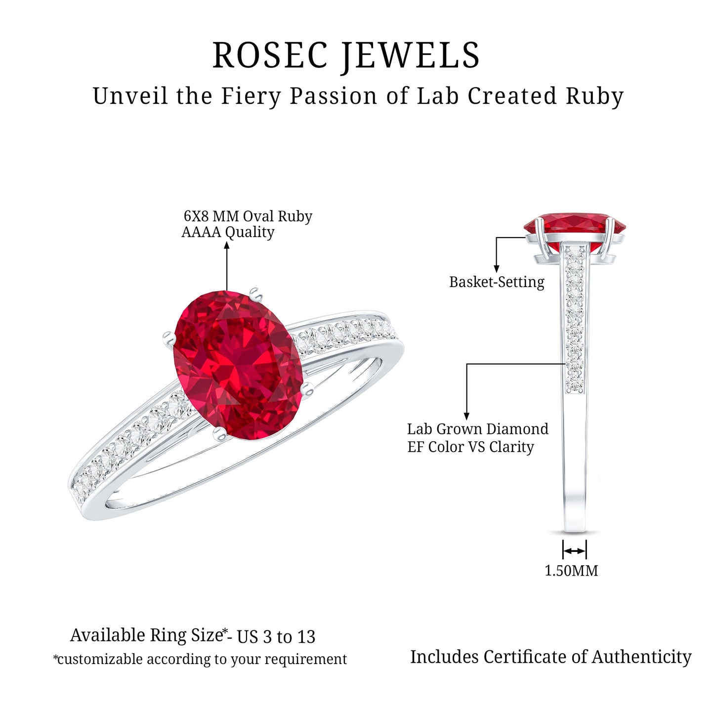 1.5 Carat Lab Grown Ruby Oval Engagement Ring with Diamond Side Stones