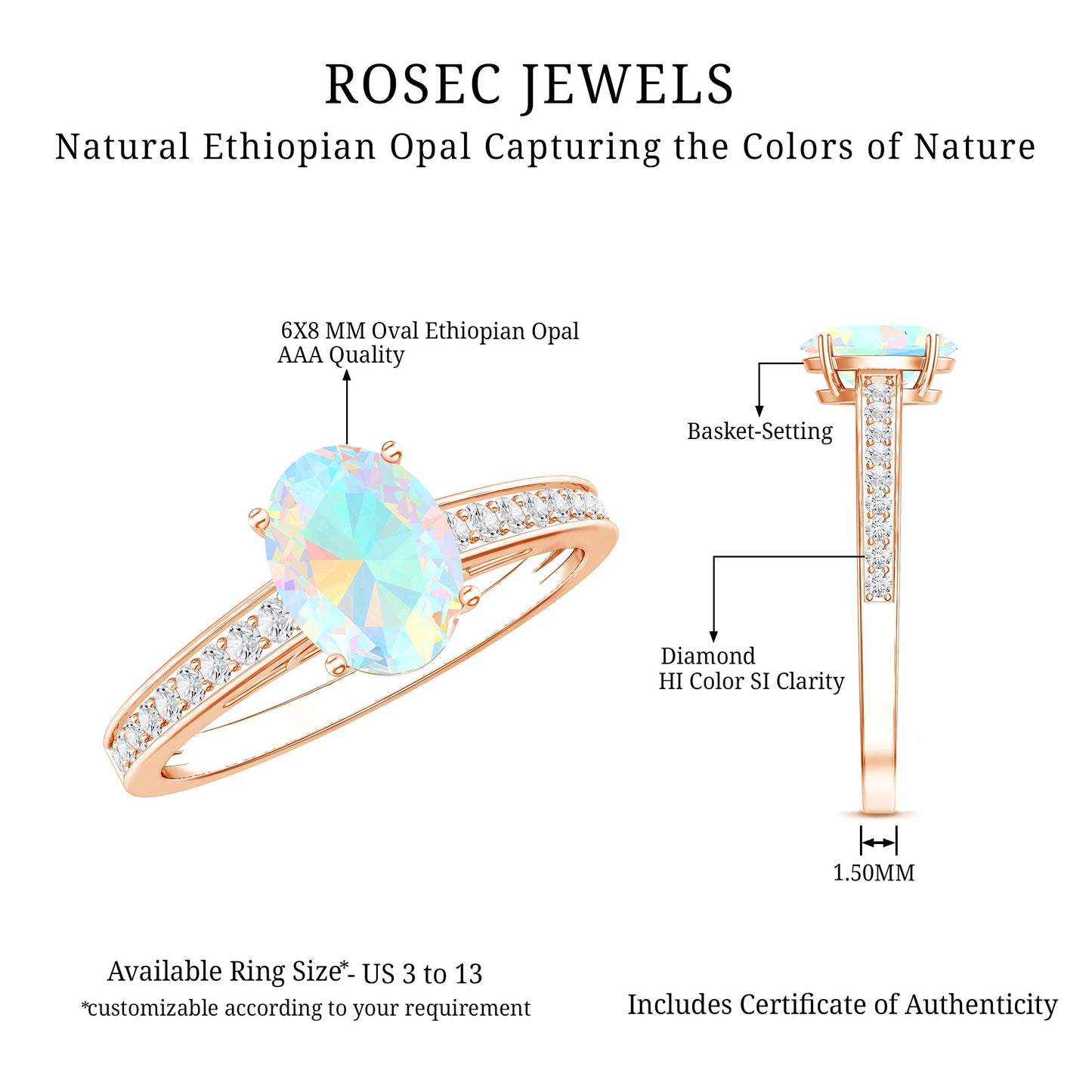 Natural 1.2 Carat Ethiopian Opal Oval Engagement Ring with Diamond Side Stones