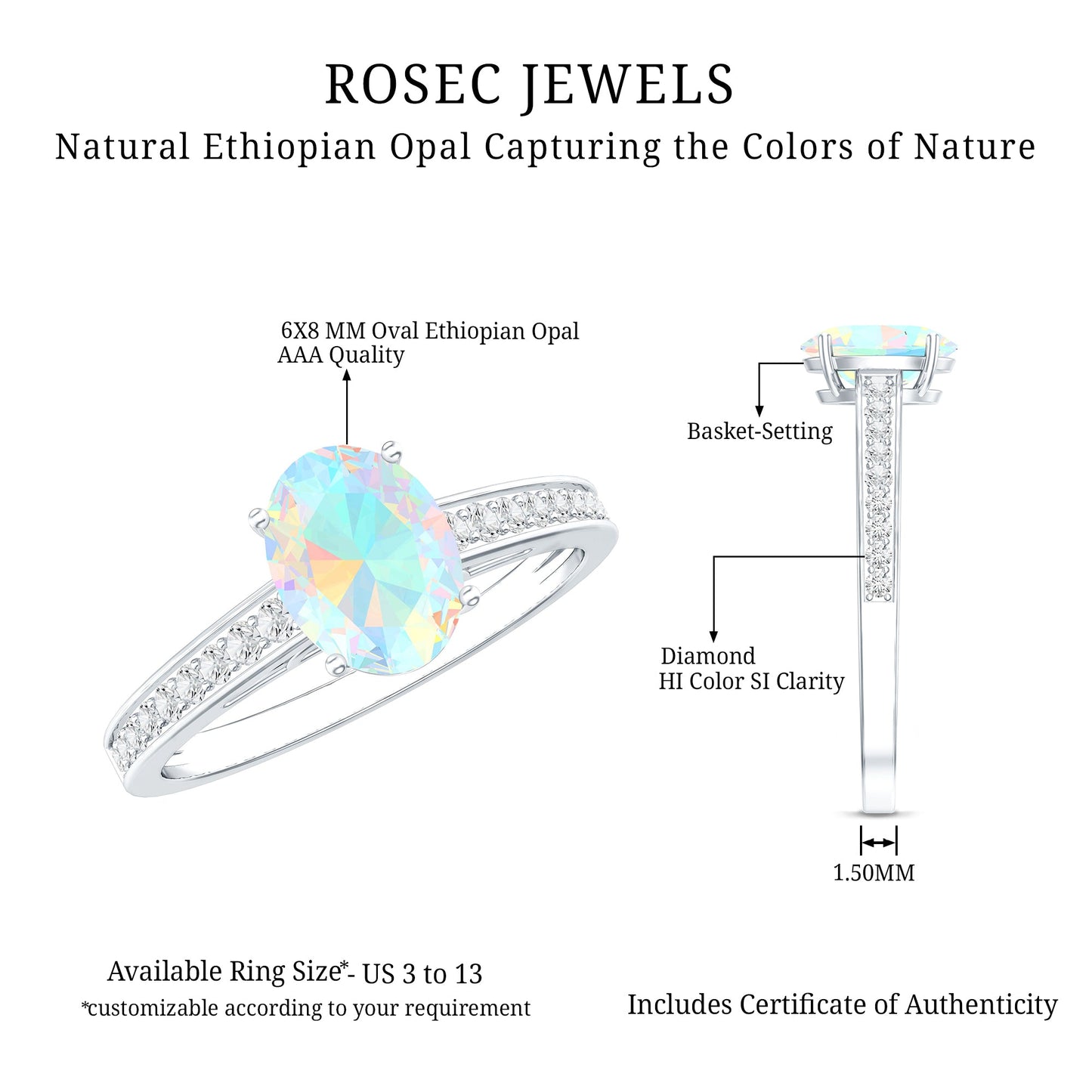 Natural 1.2 Carat Ethiopian Opal Oval Engagement Ring with Diamond Side Stones