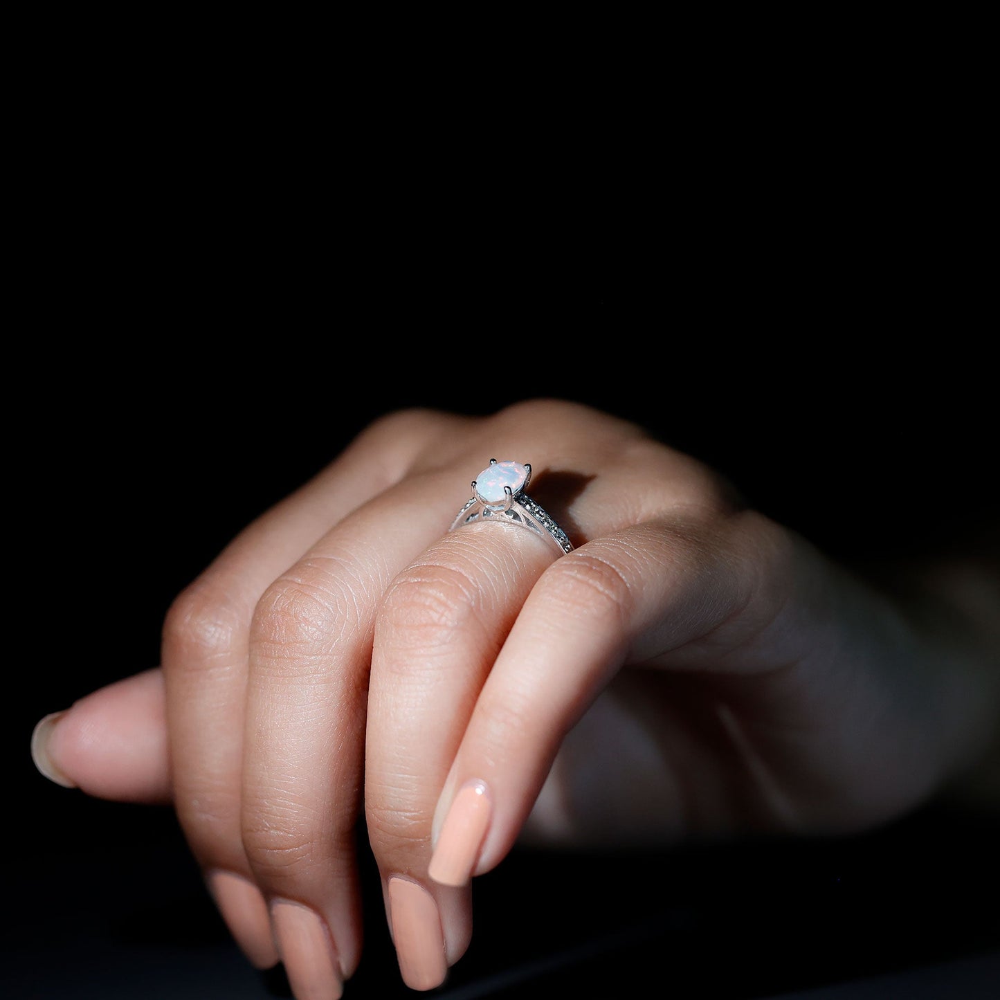 Natural 1.2 Carat Ethiopian Opal Oval Engagement Ring with Diamond Side Stones
