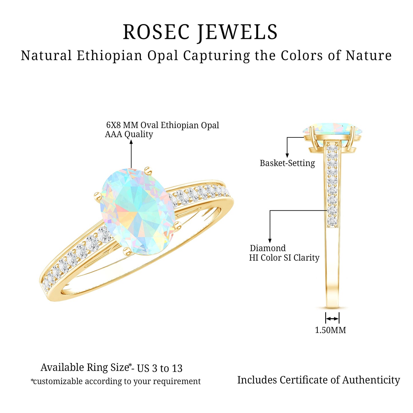 Natural 1.2 Carat Ethiopian Opal Oval Engagement Ring with Diamond Side Stones