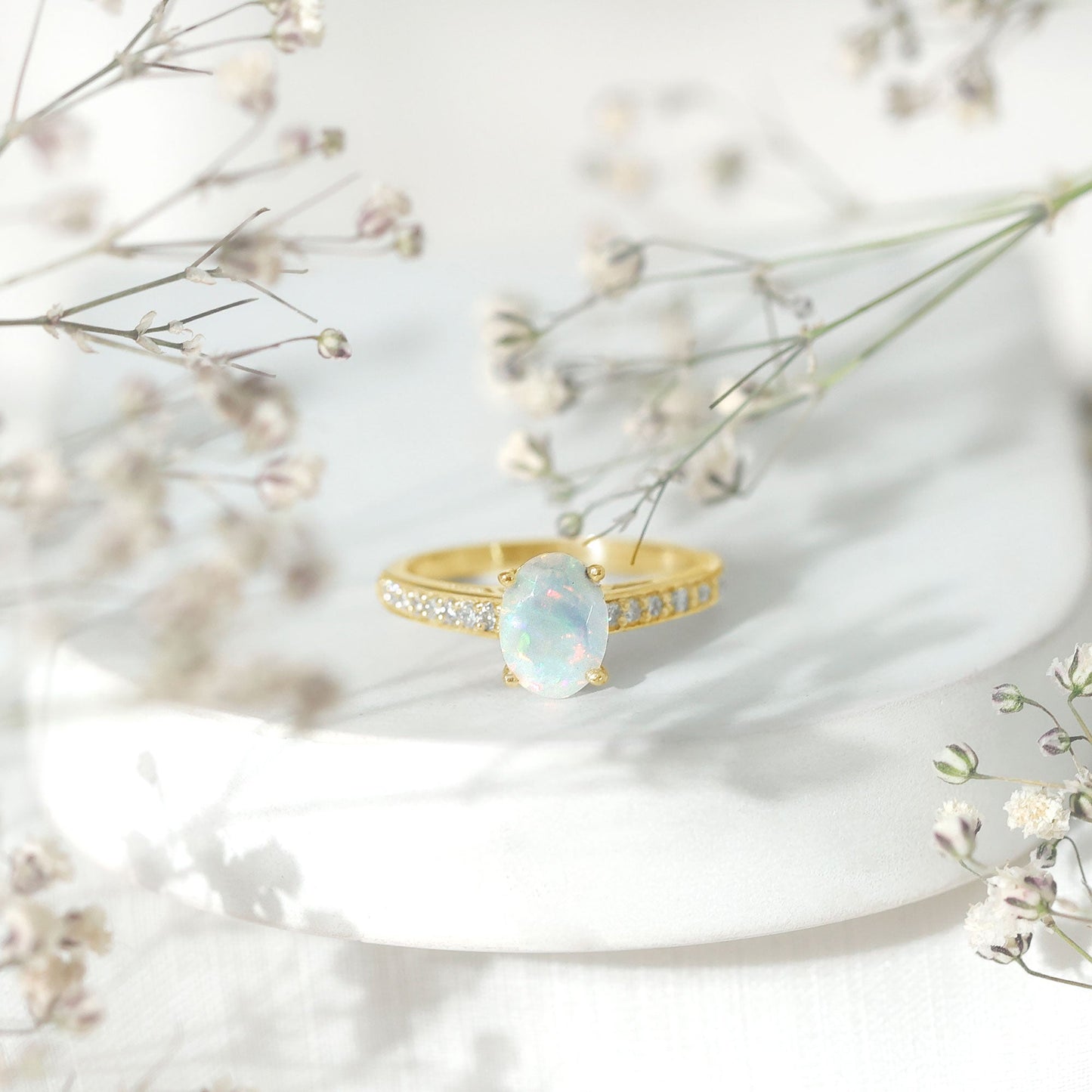 Natural 1.2 Carat Ethiopian Opal Oval Engagement Ring with Diamond Side Stones