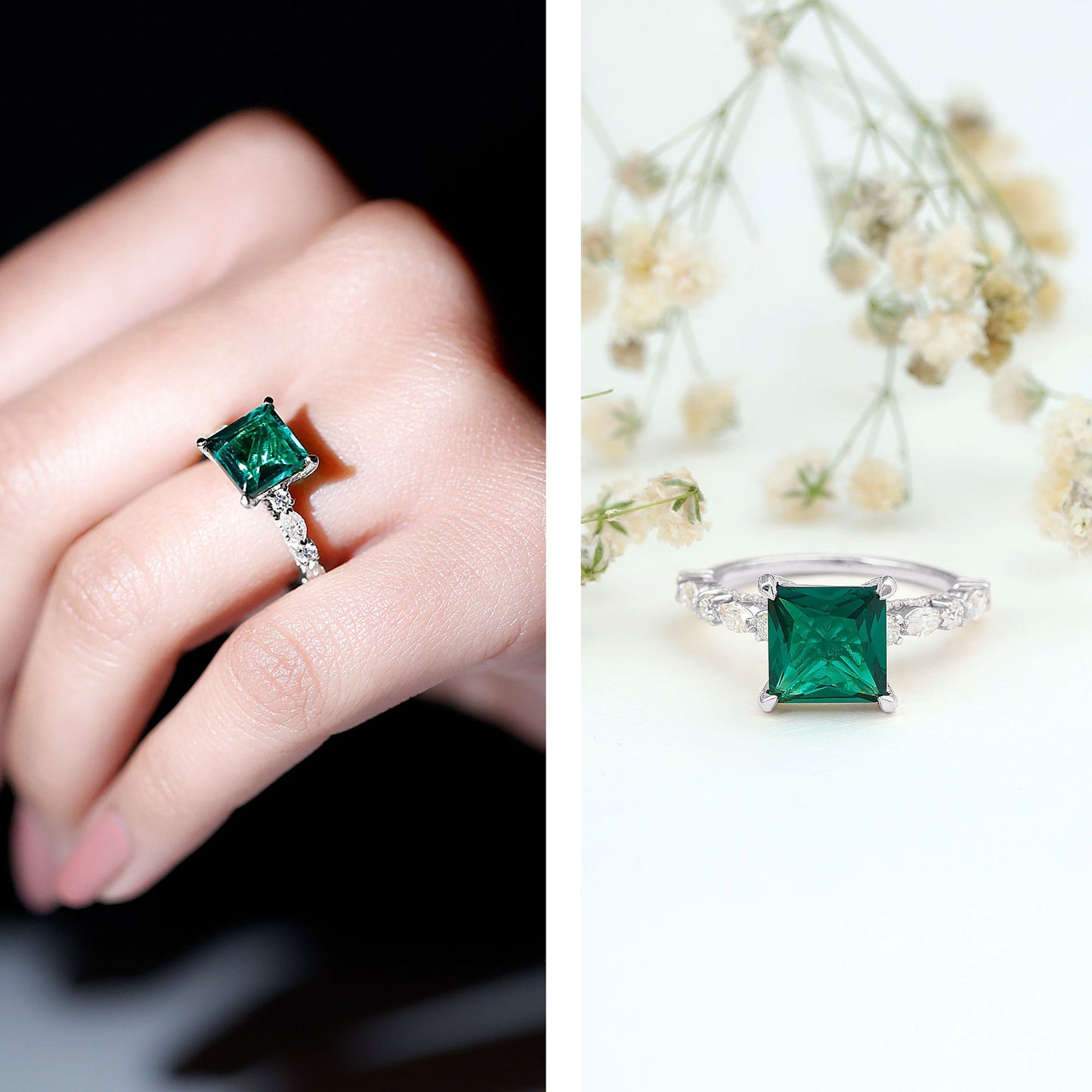 2.4 Carat Solitaire Lab Emerald Princess Cut Engagement Ring with Moissanite