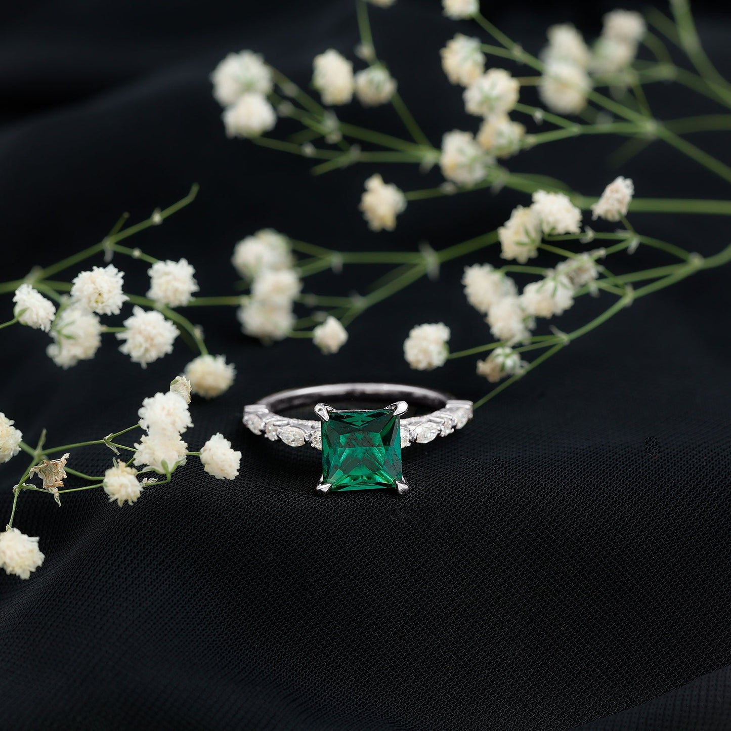 2.4 Carat Solitaire Lab Emerald Princess Cut Engagement Ring with Moissanite
