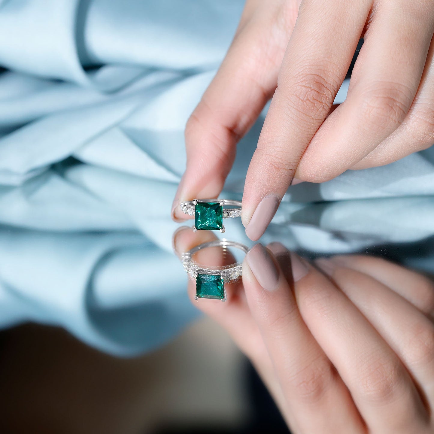 2.4 Carat Solitaire Lab Emerald Princess Cut Engagement Ring with Moissanite