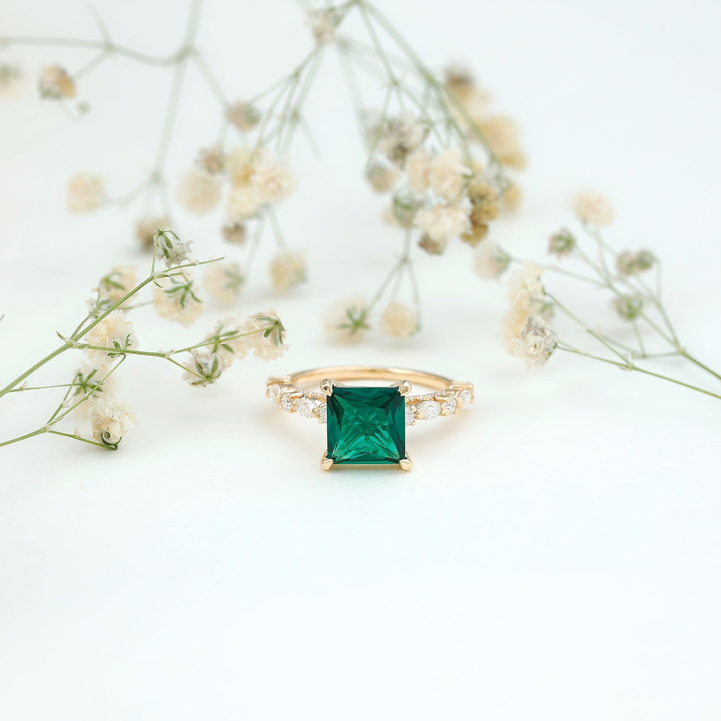 2.4 Carat Solitaire Lab Emerald Princess Cut Engagement Ring with Moissanite