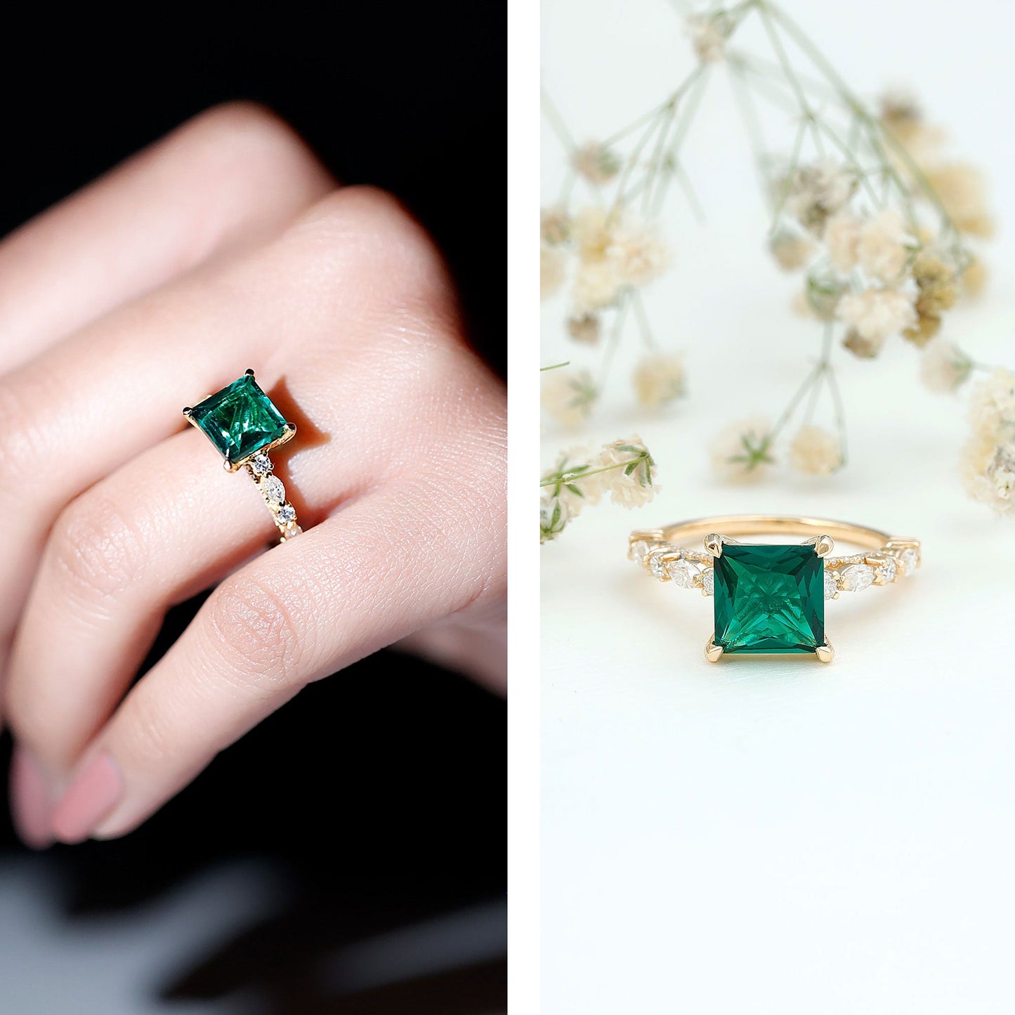 2.4 Carat Solitaire Lab Emerald Princess Cut Engagement Ring with Moissanite