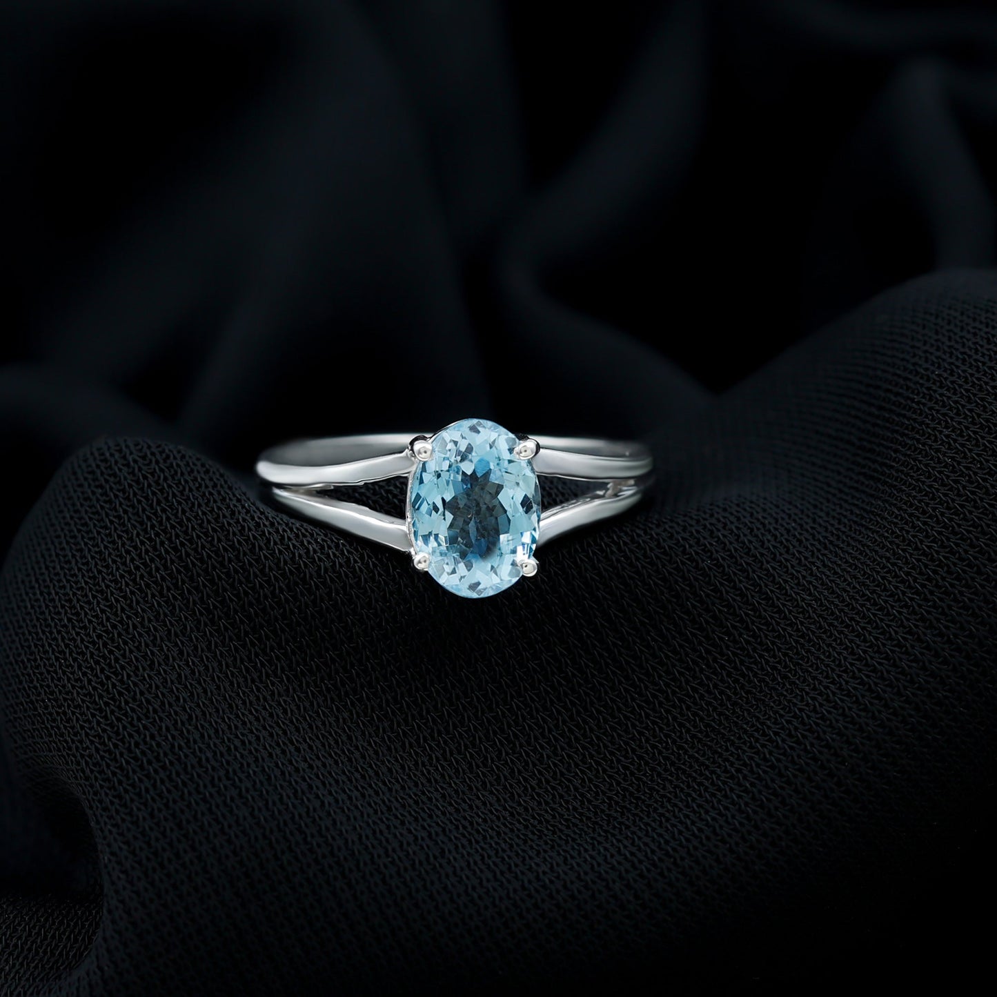 Genuine Oval Aquamarine Solitaire Engagement Ring in Split Shank