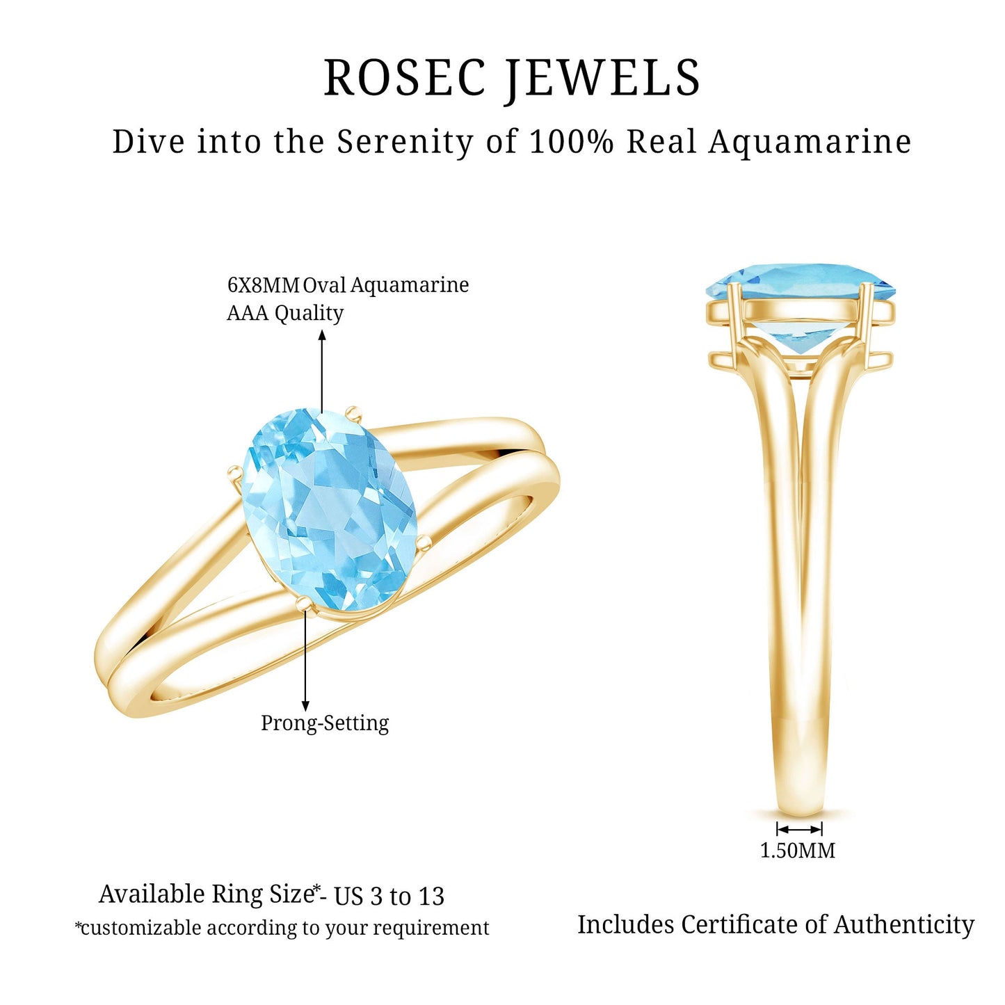 Genuine Oval Aquamarine Solitaire Engagement Ring in Split Shank