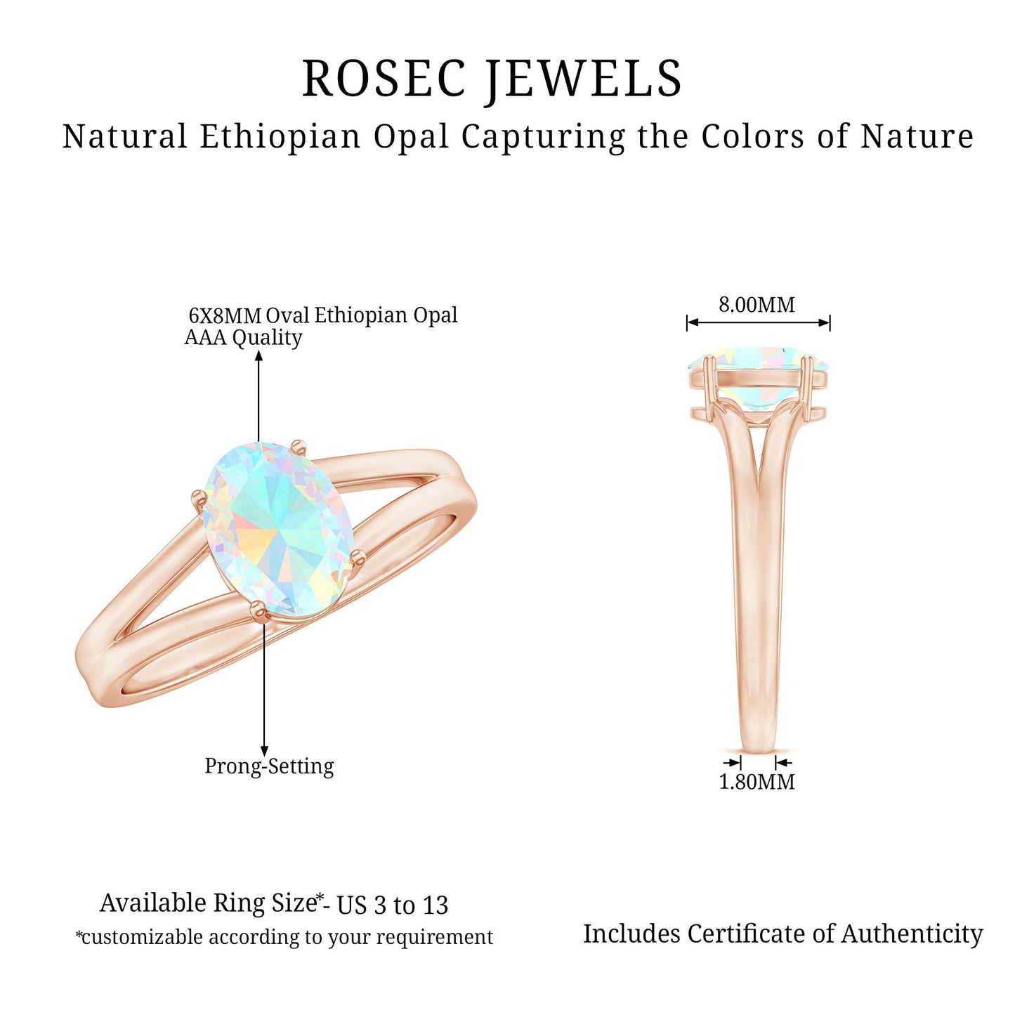 1.2 Carat Genuine Oval Ethiopian Rainbow Opal Split Shank Engagement Ring