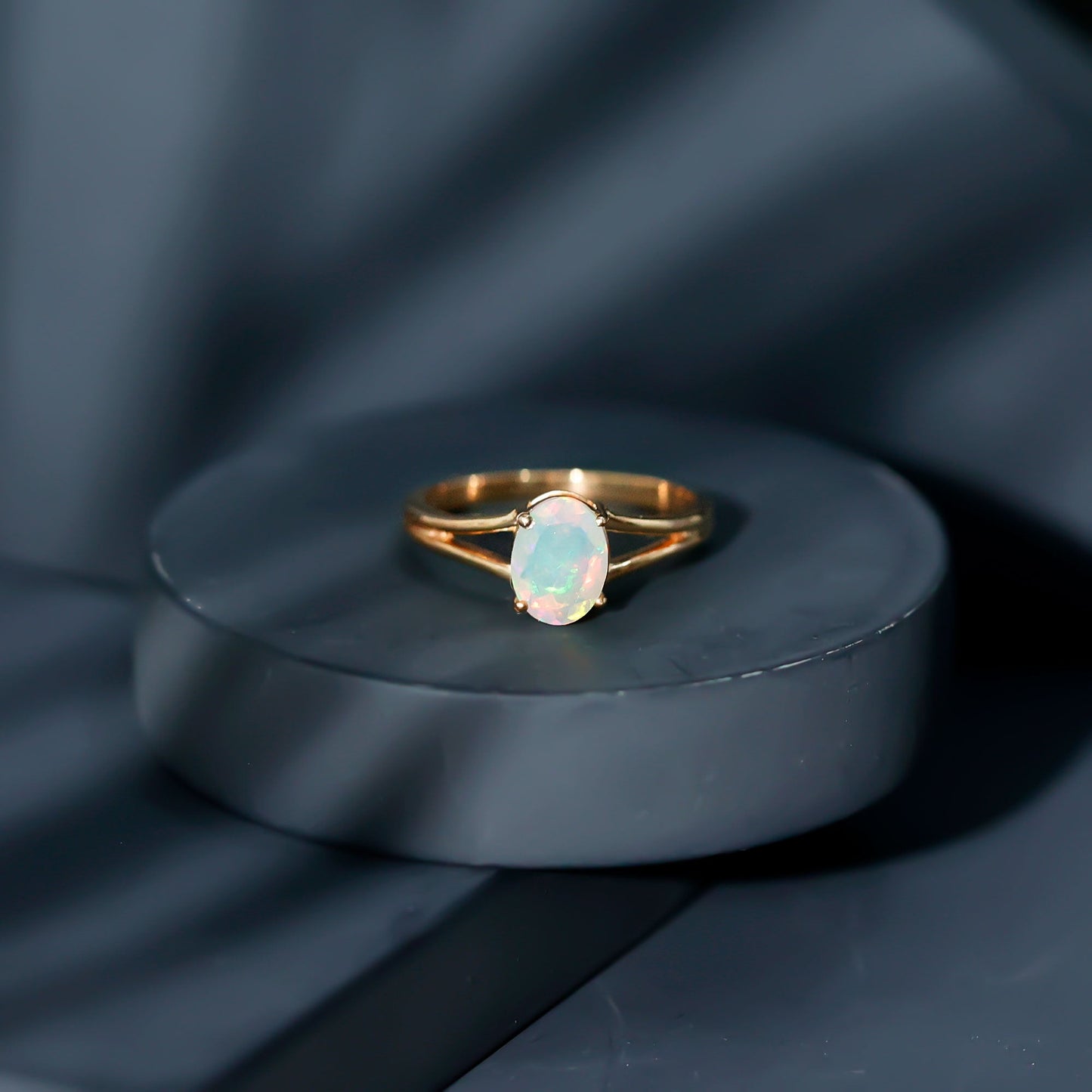 1.2 Carat Genuine Oval Ethiopian Rainbow Opal Split Shank Engagement Ring