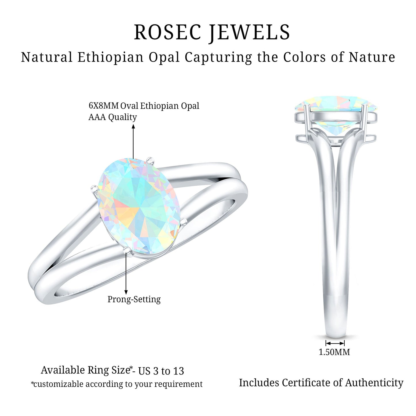 1.2 Carat Genuine Oval Ethiopian Rainbow Opal Split Shank Engagement Ring