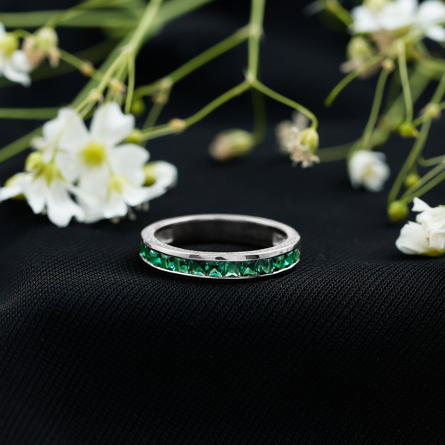 Certified Princess Cut Lab Grown Emerald Eternity Ring