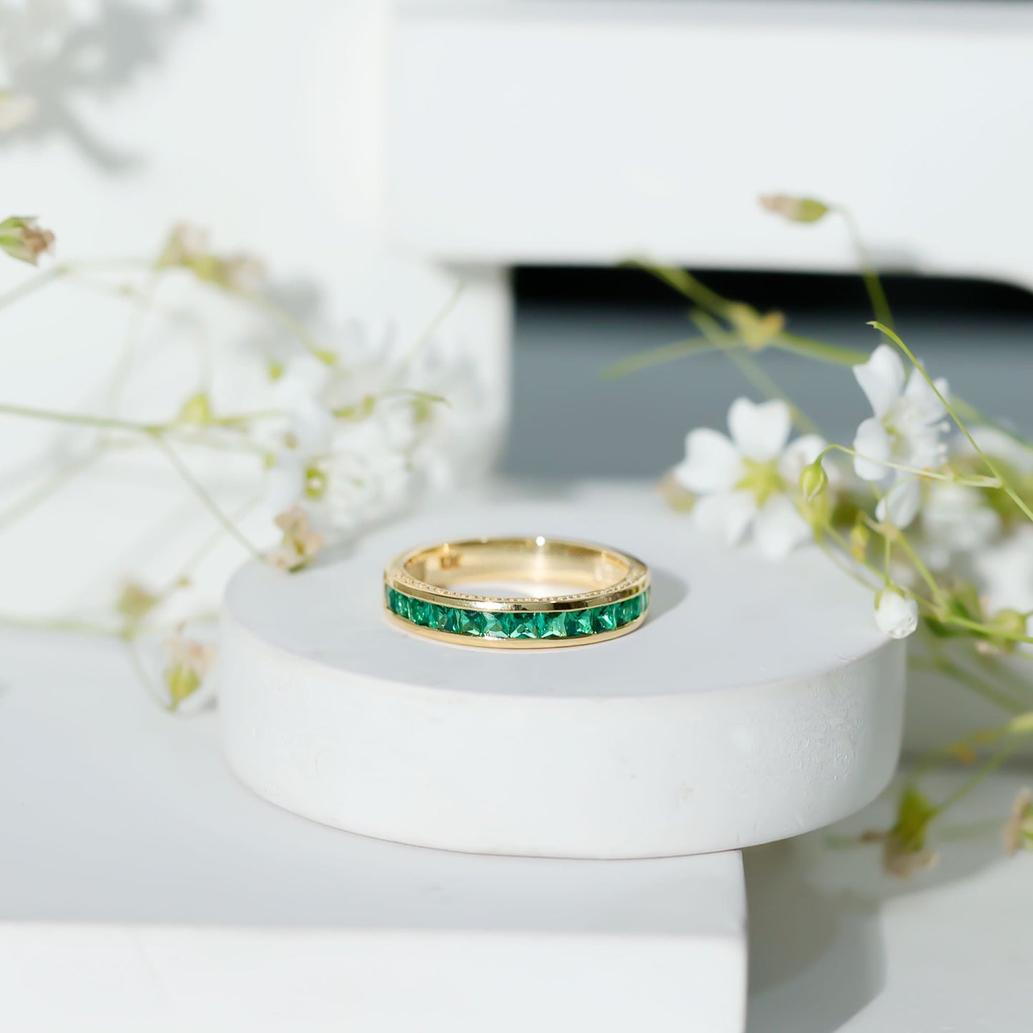 Certified Princess Cut Lab Grown Emerald Eternity Ring