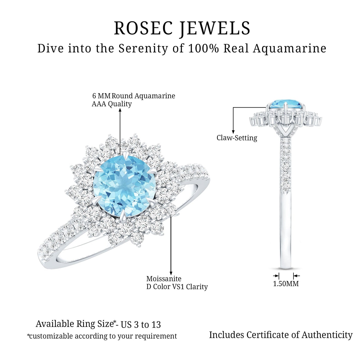 Genuine Aquamarine Cluster Engagement Ring With Certificate