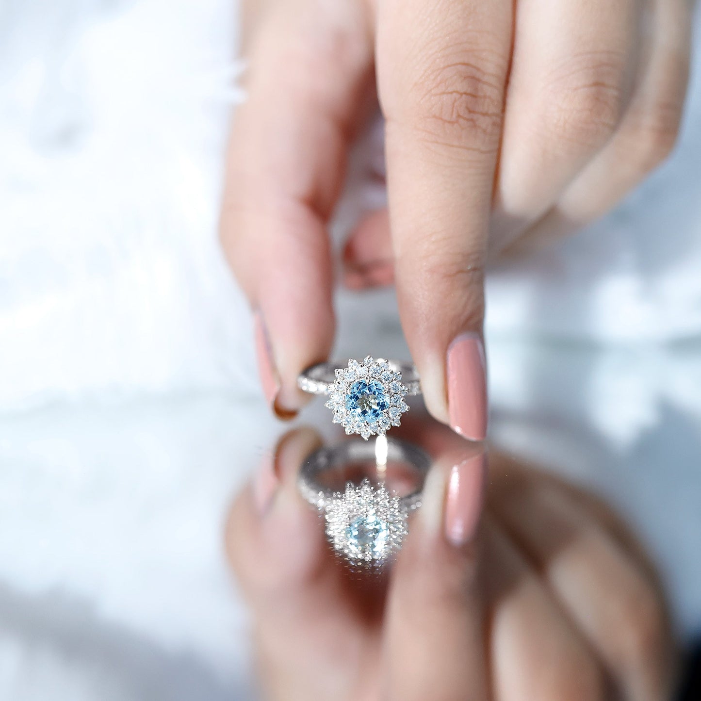 Genuine Aquamarine Cluster Engagement Ring With Certificate