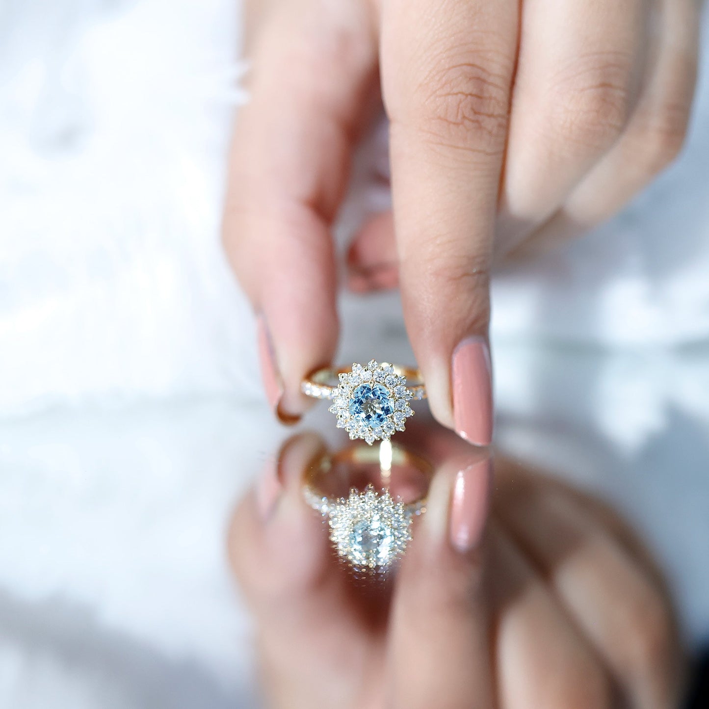 Genuine Aquamarine Cluster Engagement Ring With Certificate