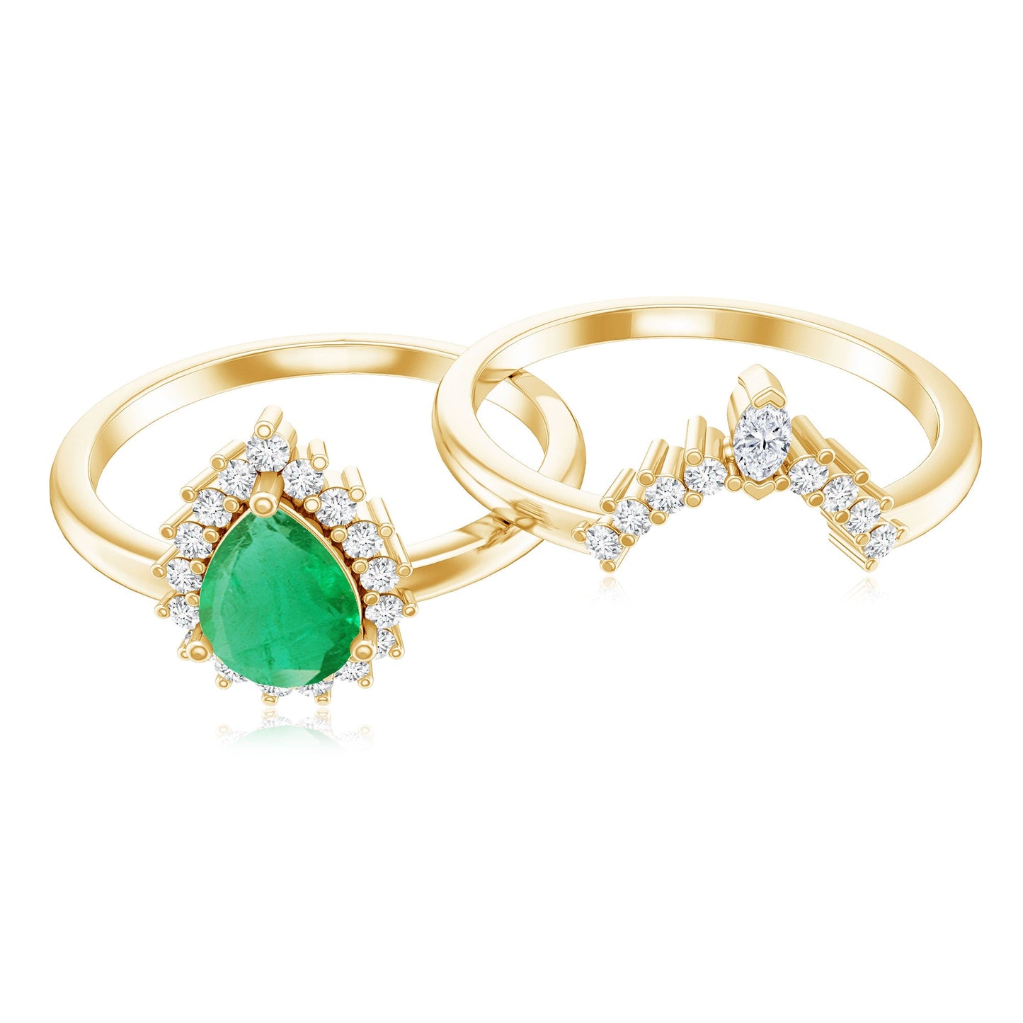 Natural Emerald Diamond Pear Shape Engagement Ring and Wedding Band Set