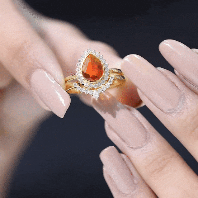 Real 0.6 Carat Fire Opal Teardrop Wedding Ring Set with Diamond Halo