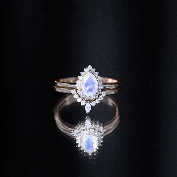 Genuine Pear Shape Rainbow Opal Vintage Inspired Engagement Ring with Enhancer