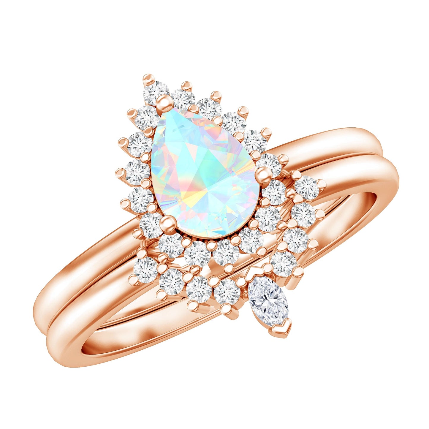 Genuine Pear Shape Rainbow Opal Vintage Inspired Engagement Ring with Enhancer