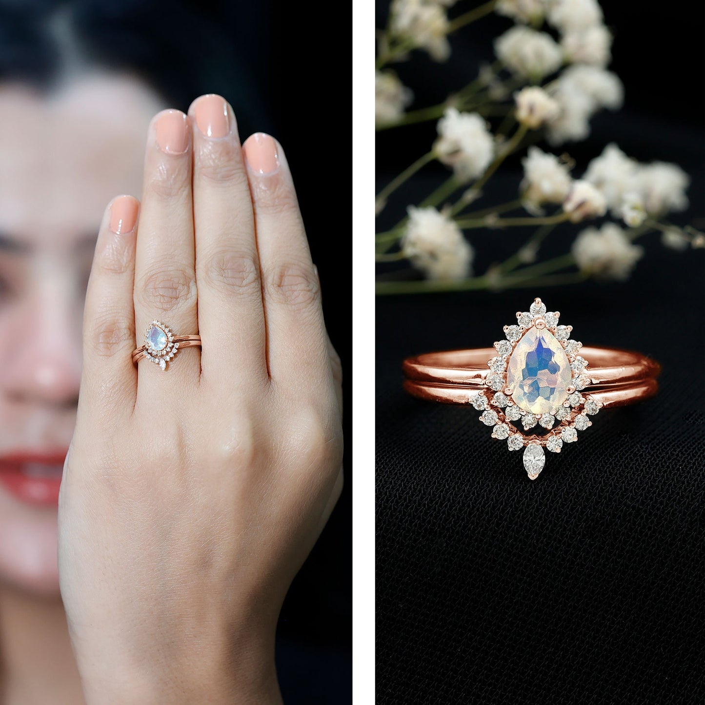 Genuine Pear Shape Rainbow Opal Vintage Inspired Engagement Ring with Enhancer