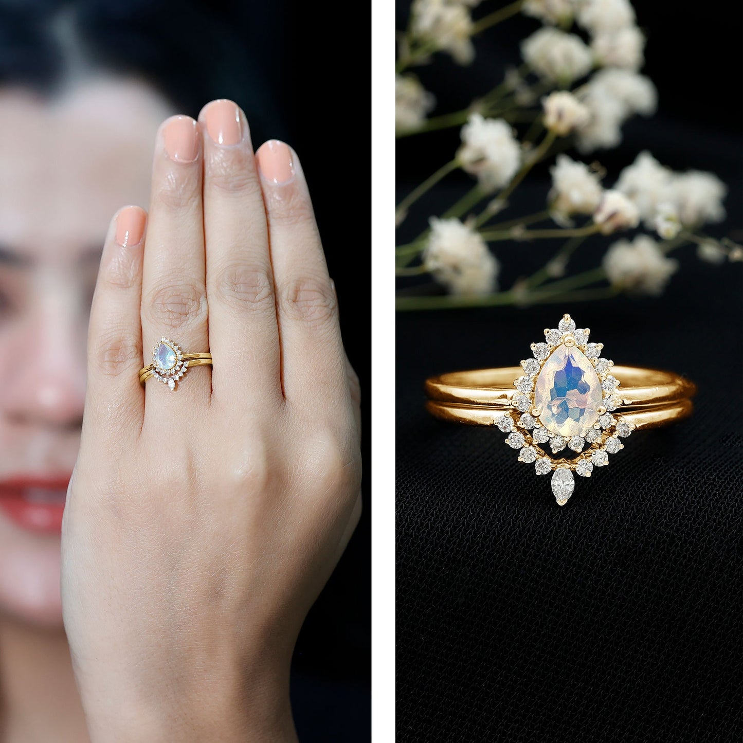 Genuine Pear Shape Rainbow Opal Vintage Inspired Engagement Ring with Enhancer