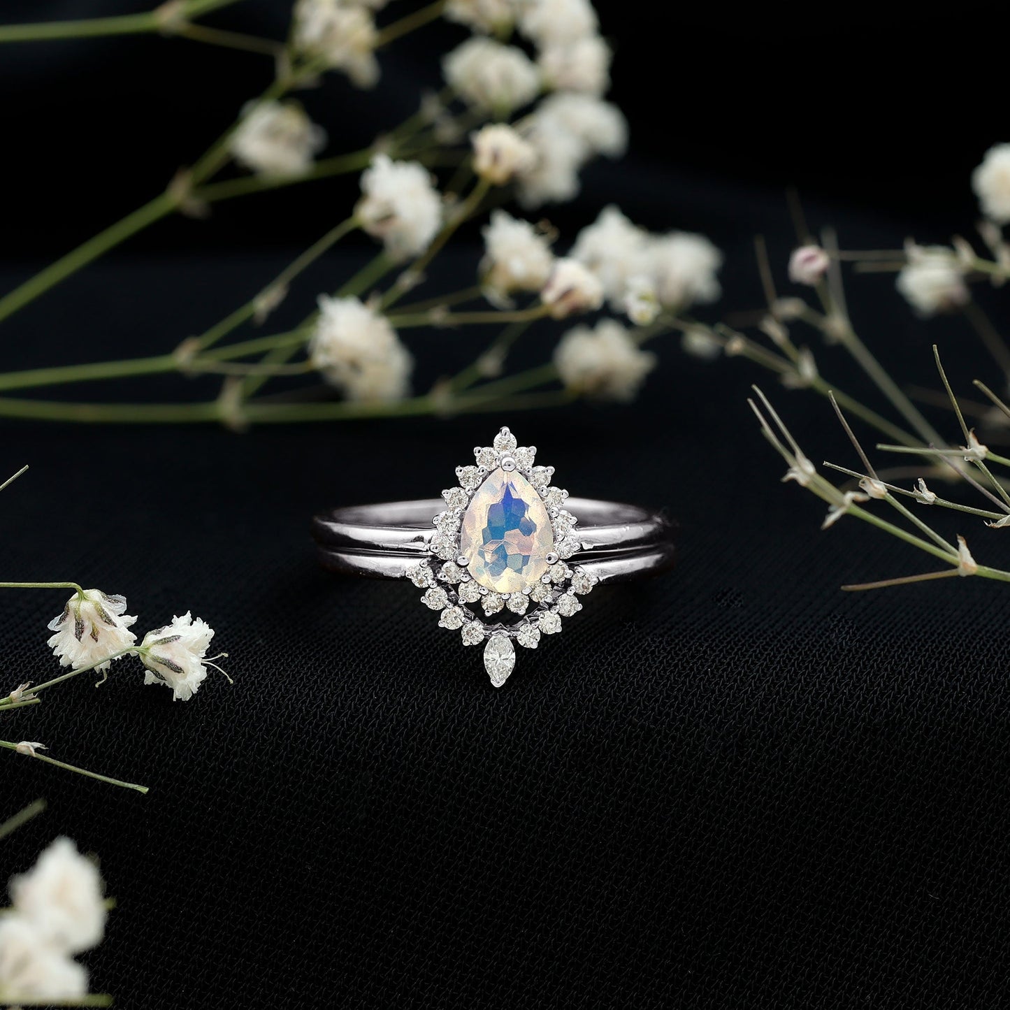 Genuine Pear Shape Rainbow Opal Vintage Inspired Engagement Ring with Enhancer