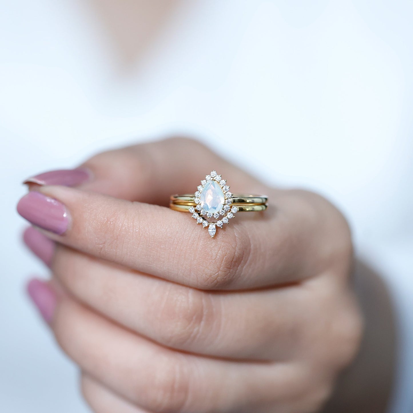 Genuine Pear Shape Rainbow Opal Vintage Inspired Engagement Ring with Enhancer