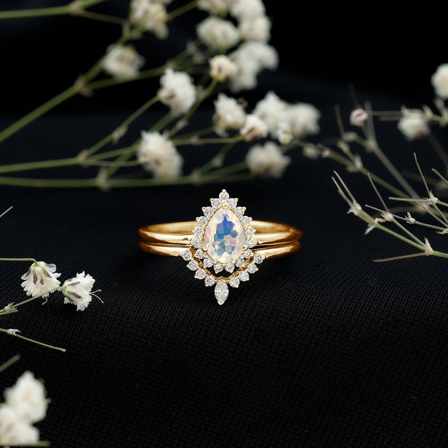 Genuine Pear Shape Rainbow Opal Vintage Inspired Engagement Ring with Enhancer