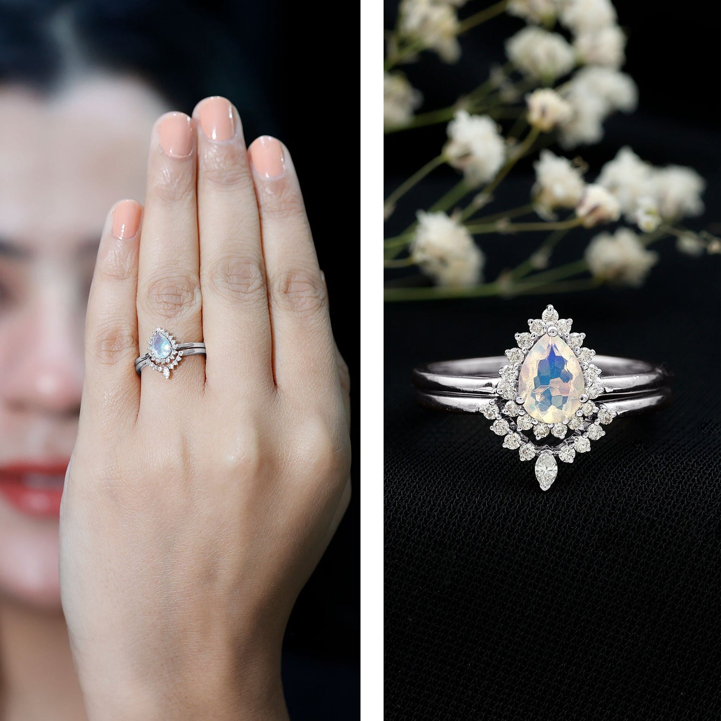 Genuine Pear Shape Rainbow Opal Vintage Inspired Engagement Ring with Enhancer