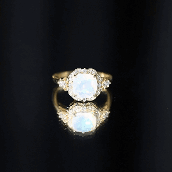 Real Cushion Cut Ethiopian Opal Antique Looking Engagement Ring with Diamond