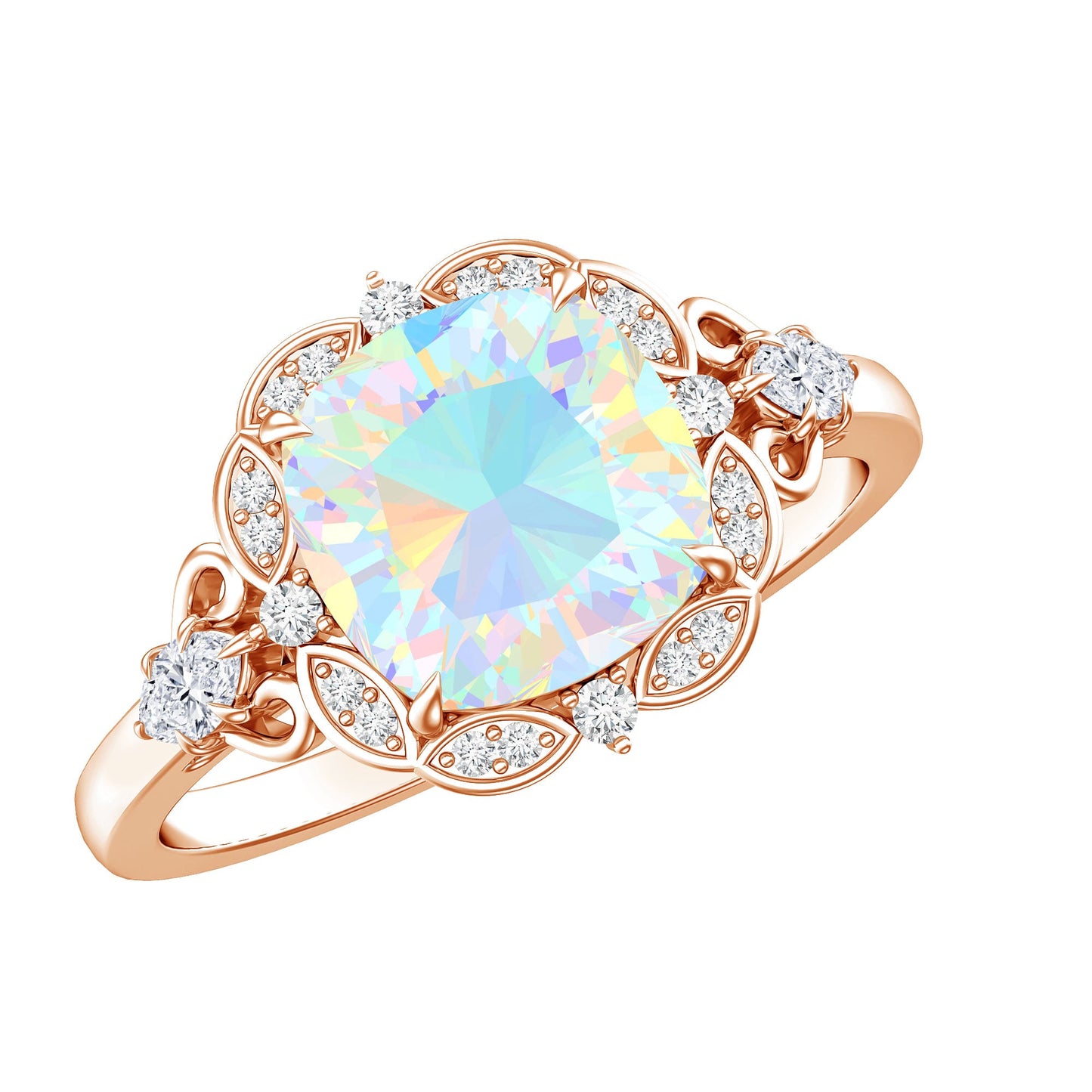 Real Cushion Cut Ethiopian Opal Antique Looking Engagement Ring with Diamond