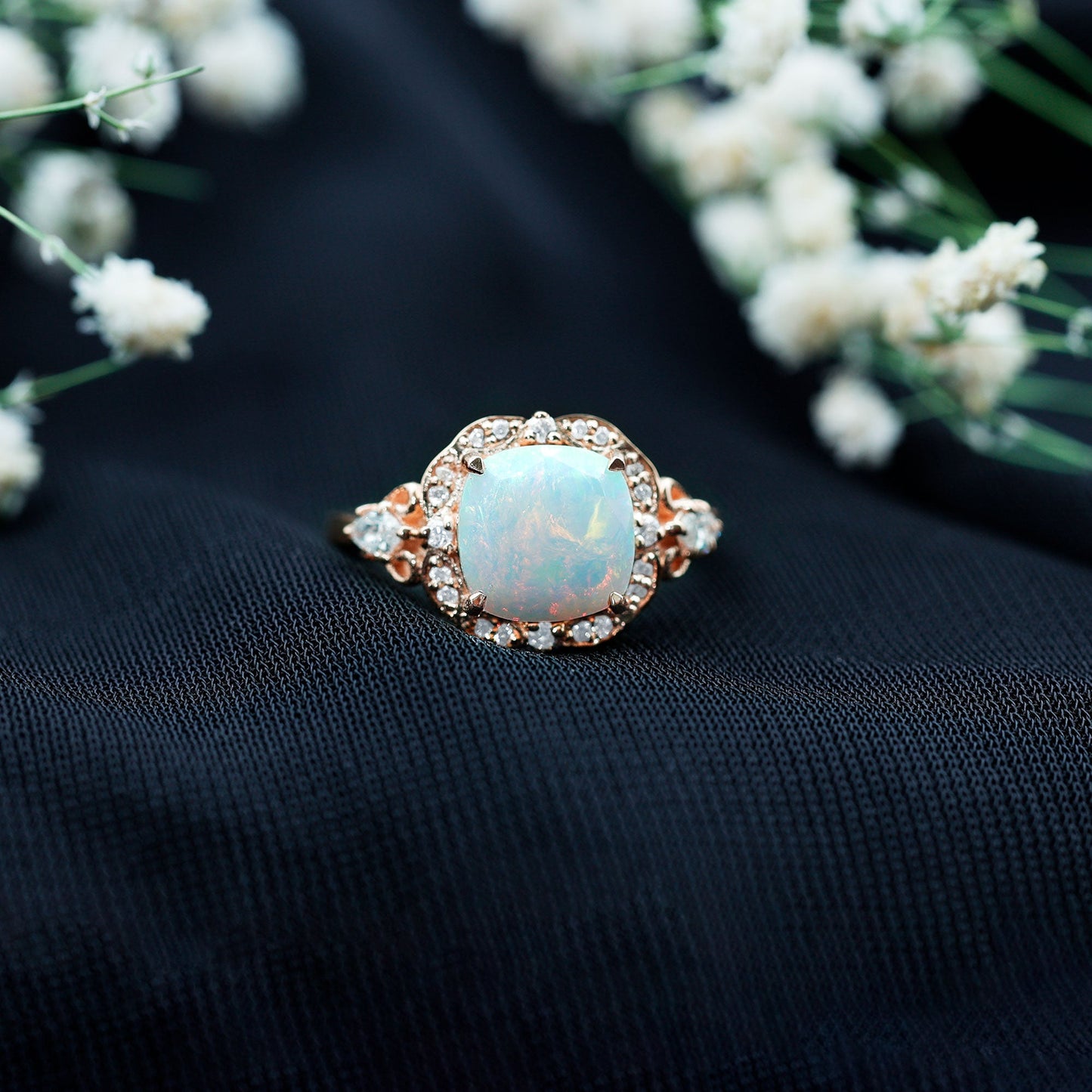 Real Cushion Cut Ethiopian Opal Antique Looking Engagement Ring with Diamond