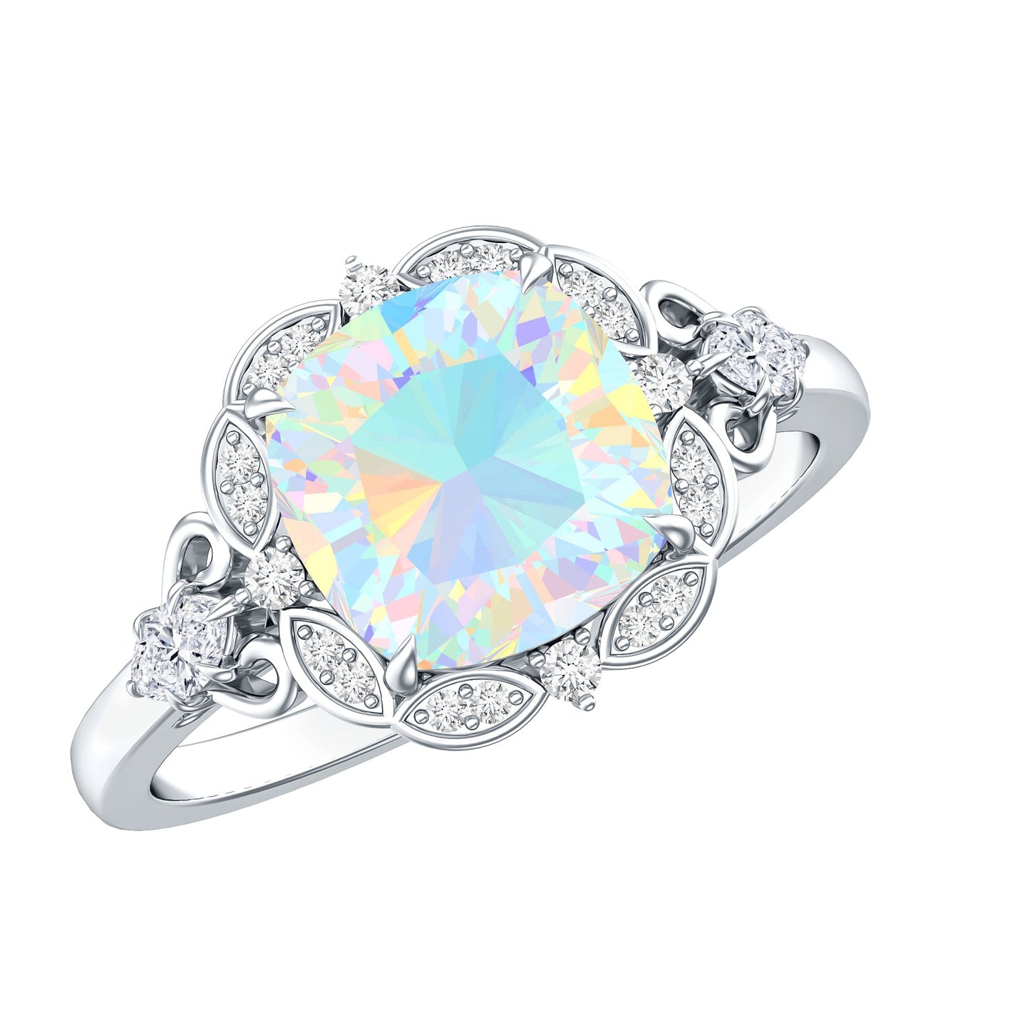 Real Cushion Cut Ethiopian Opal Antique Looking Engagement Ring with Diamond