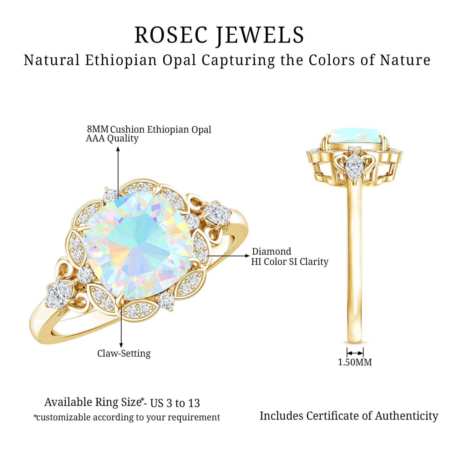 Real Cushion Cut Ethiopian Opal Antique Looking Engagement Ring with Diamond