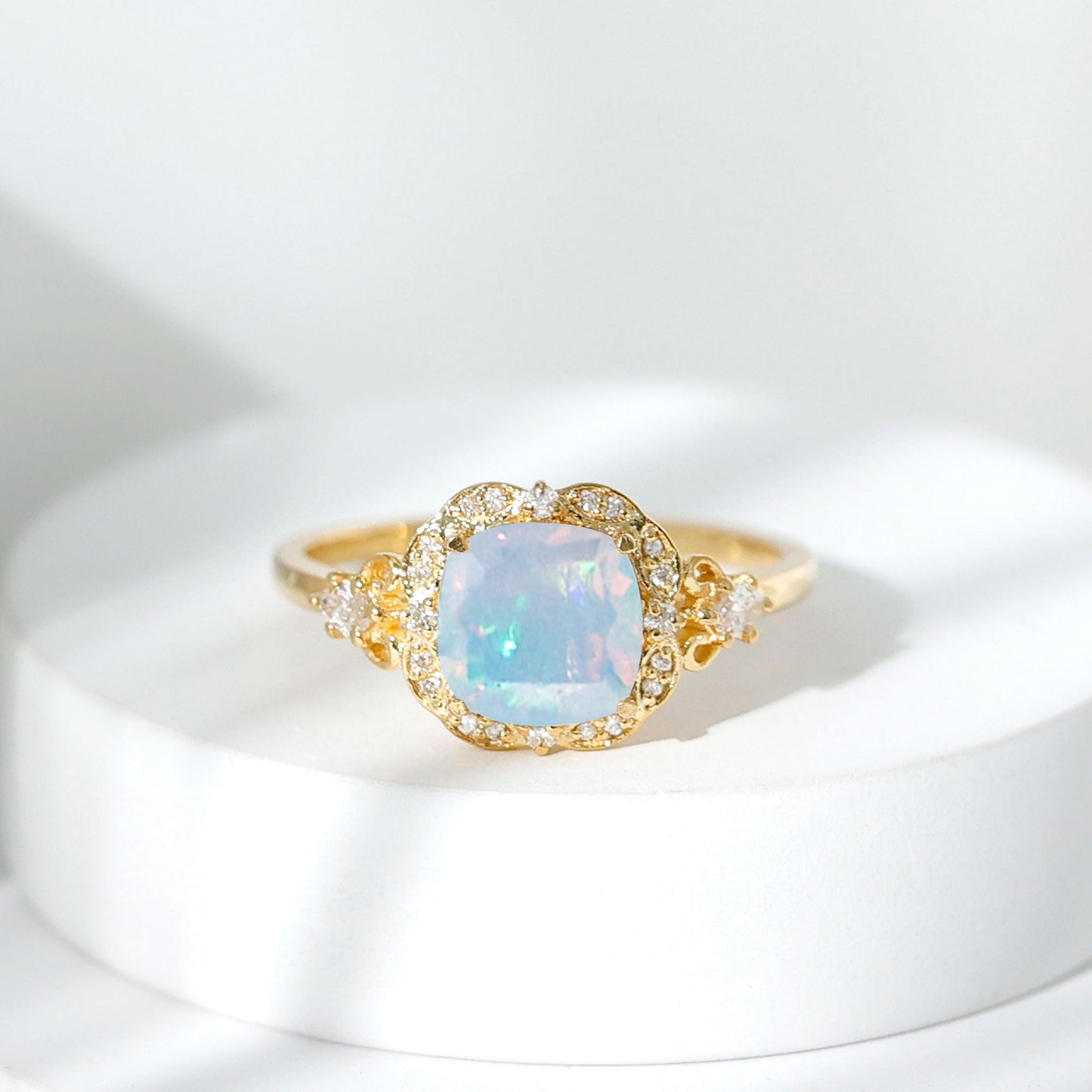 Real Cushion Cut Ethiopian Opal Antique Looking Engagement Ring with Diamond