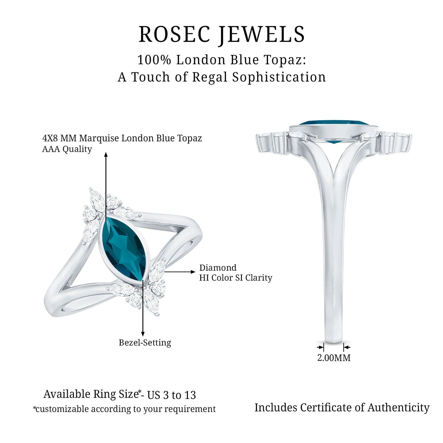 0.7 Carat Marquise Cut London Blue Topaz Cocktail Ring with Diamond