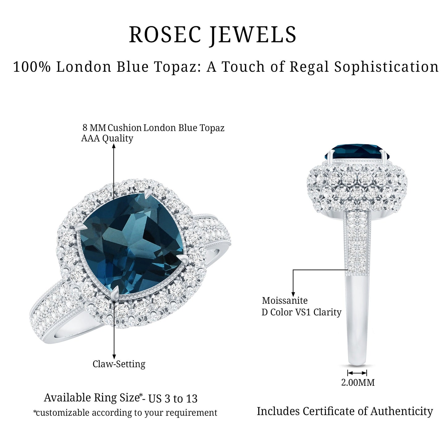 Vintage Inspired London Blue Topaz Designer Engagement Ring with Moissanite