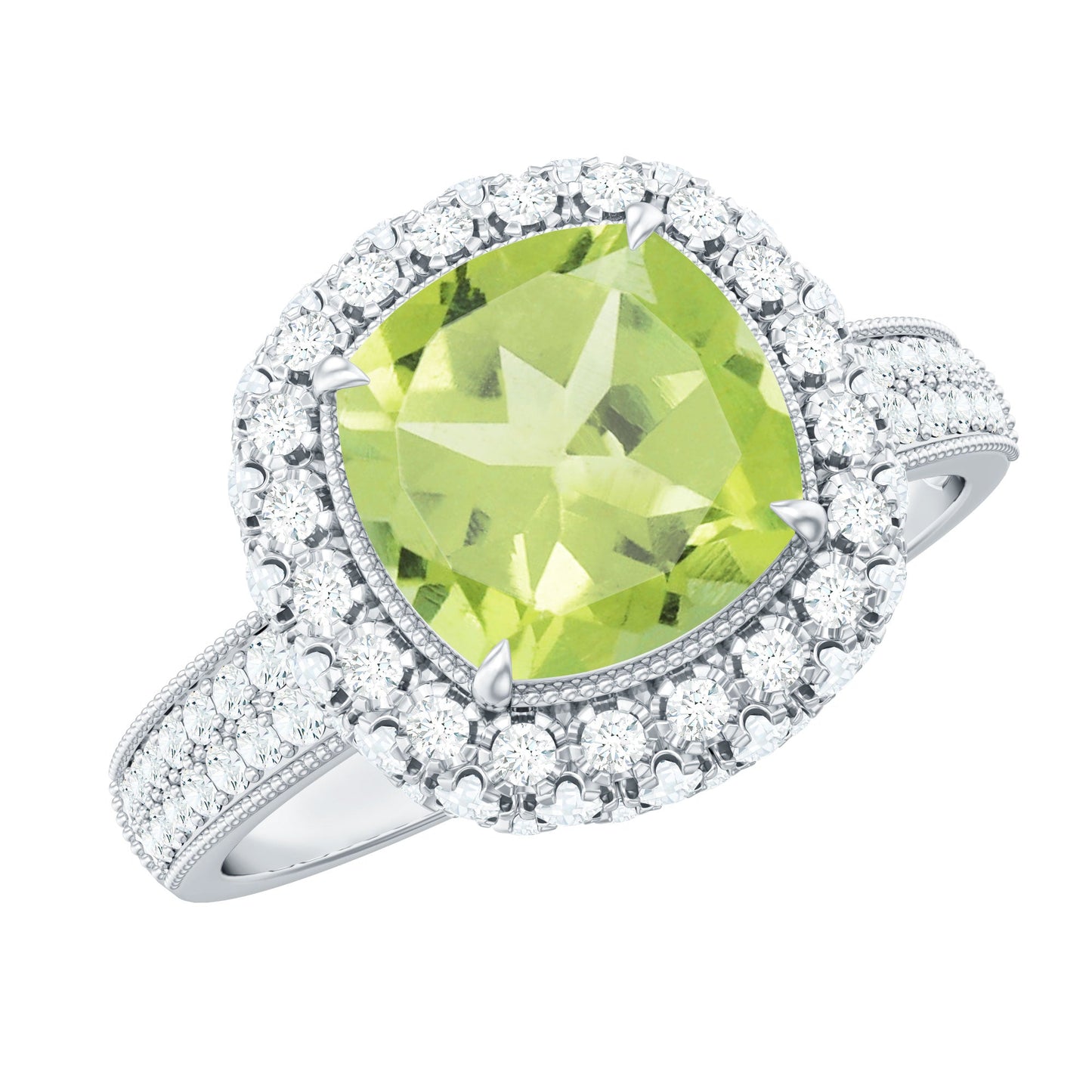 Antique Style 2 Carat Cushion Cut Peridot Engagement Ring with Moissanite Halo