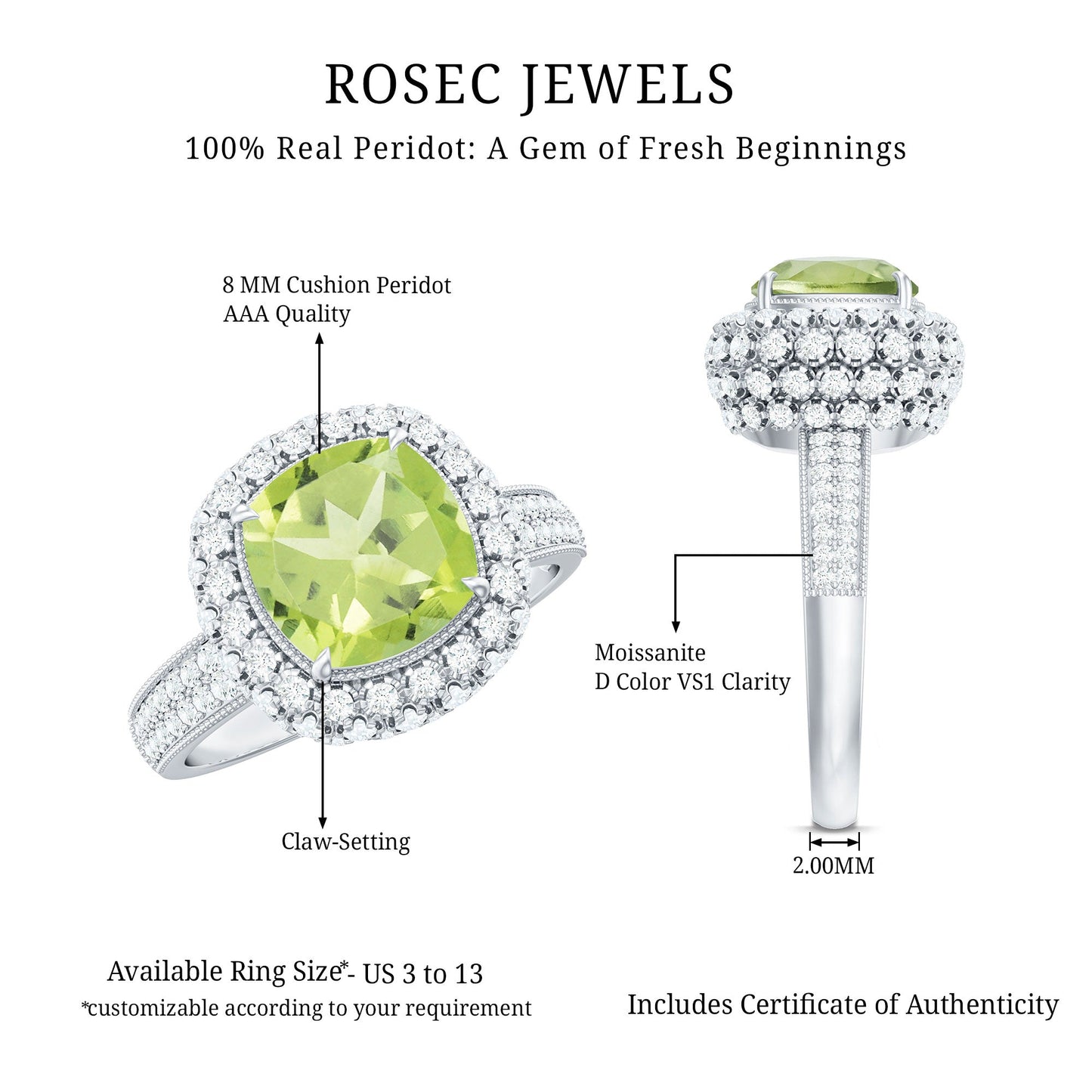 Antique Style 2 Carat Cushion Cut Peridot Engagement Ring with Moissanite Halo