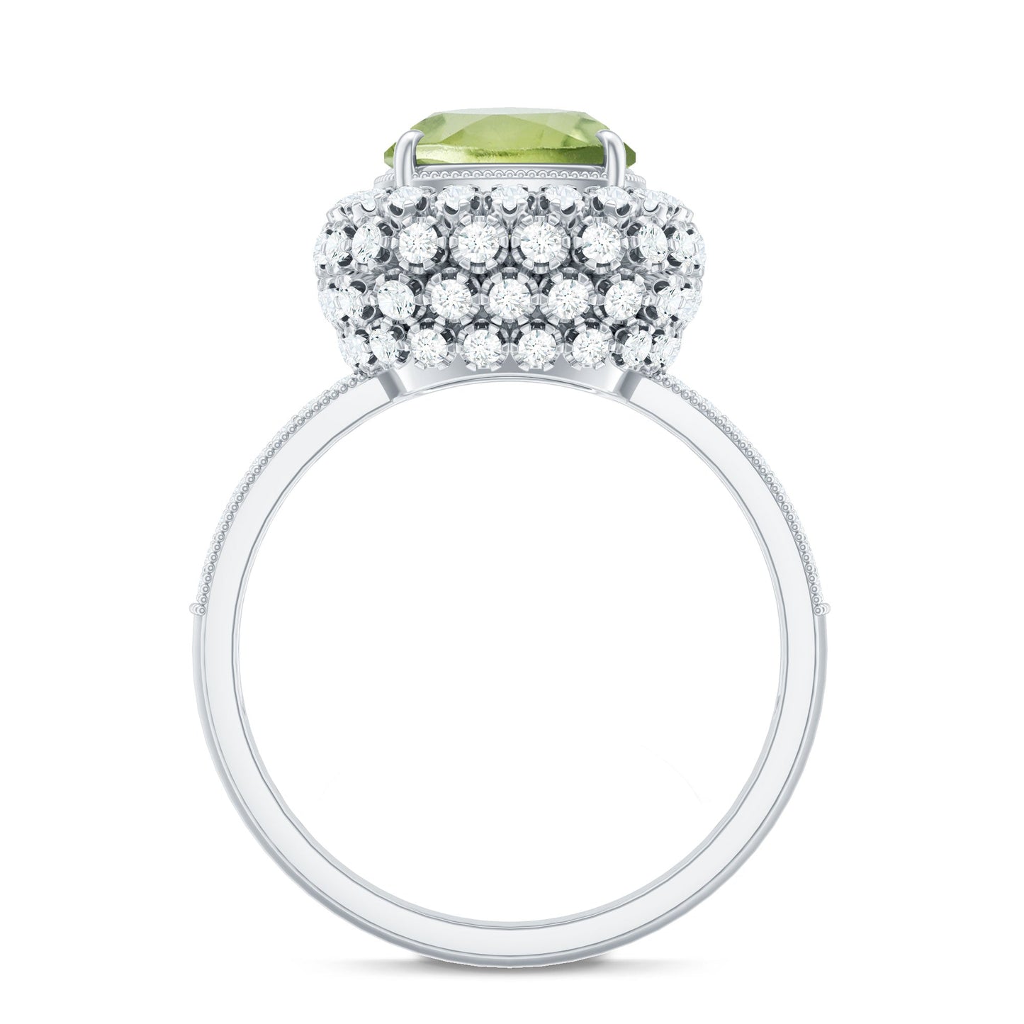 Antique Style 2 Carat Cushion Cut Peridot Engagement Ring with Moissanite Halo