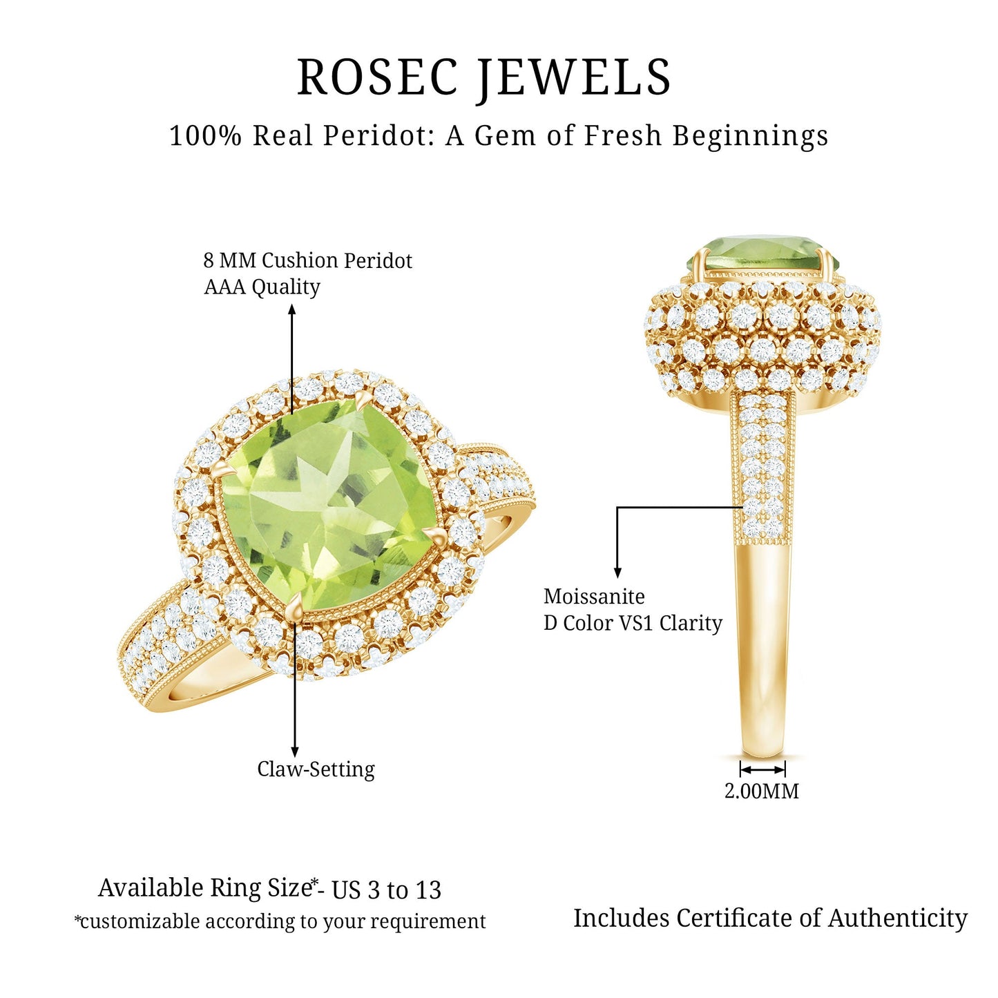 Antique Style 2 Carat Cushion Cut Peridot Engagement Ring with Moissanite Halo