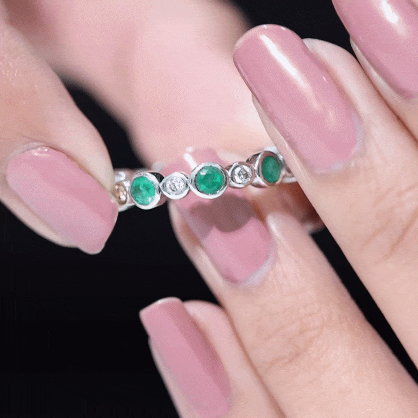 Bezel Set Round Emerald and Diamond Eternity Wedding Band