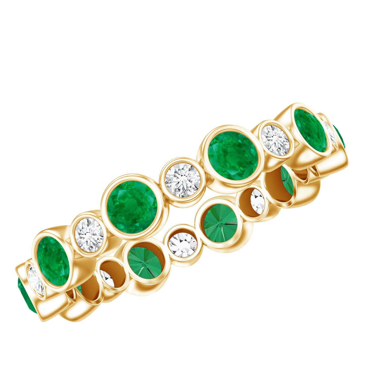 Bezel Set Round Emerald and Diamond Eternity Wedding Band