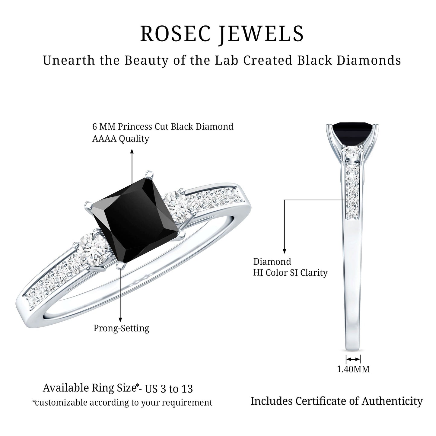 Certified 1 Carat Lab Grown Black and White Diamond Princess Cut Engagement Ring