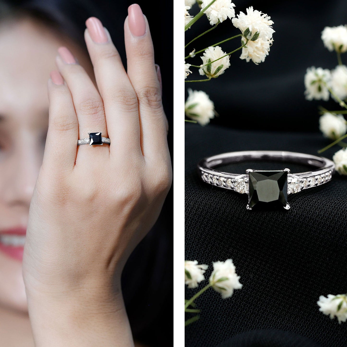 Certified 1 Carat Lab Grown Black and White Diamond Princess Cut Engagement Ring