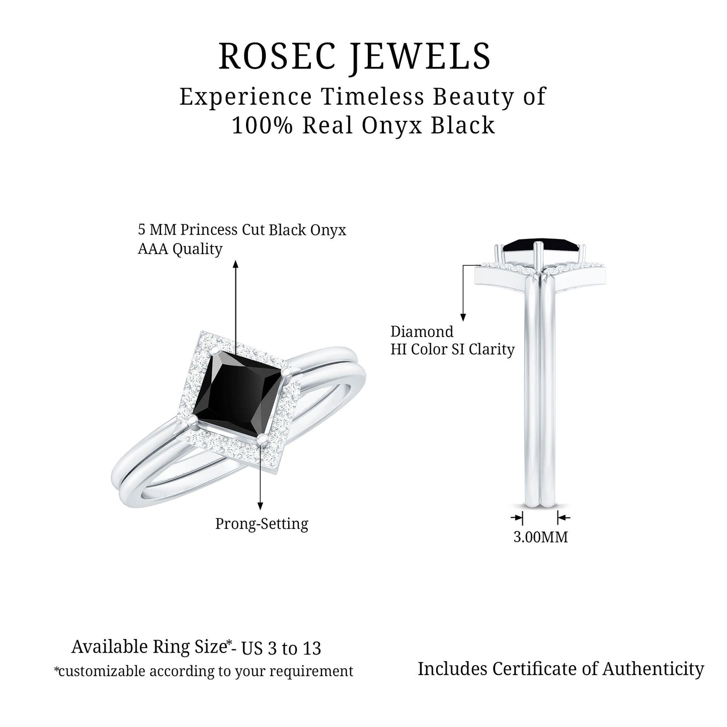 Real Black Onyx and Diamond Princess Cut Engagement Ring With Ring Guard