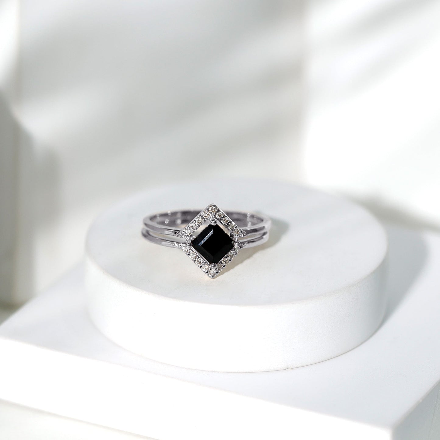 Real Black Onyx and Diamond Princess Cut Engagement Ring With Ring Guard